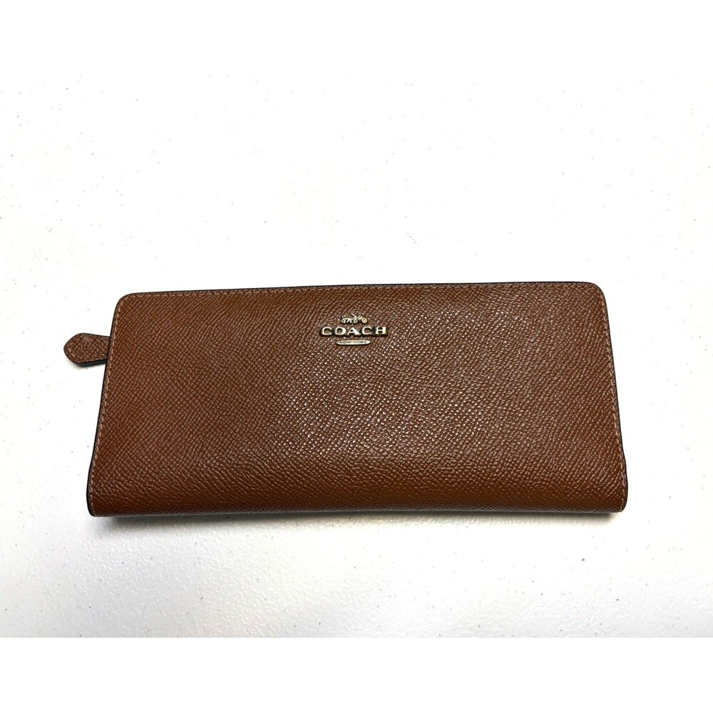 Coach Slim Envelope Wallet Crossgrain Leather Redwood Brown Snap Closure EUC